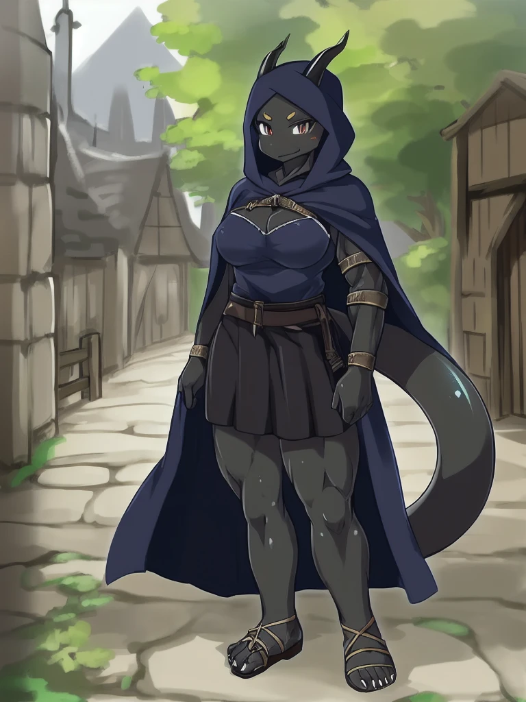 solo, kemono, (dragon), anthro, female, ((black body)), scales, tail, muscles, medium breasts beautiful feet, maxi skirt, hooded cloak, medieval, fantasy, outdoors, outside, toe claws, strap leather sandals