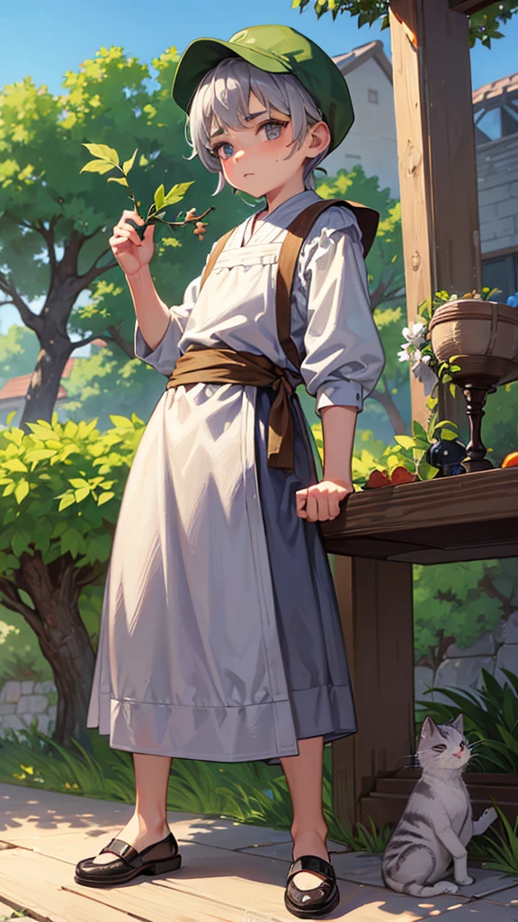 A with gray hair and a cat's mustache in peasant clothes, in full growth, holding a branch in his hands, wearing a peasant flat cap on his head