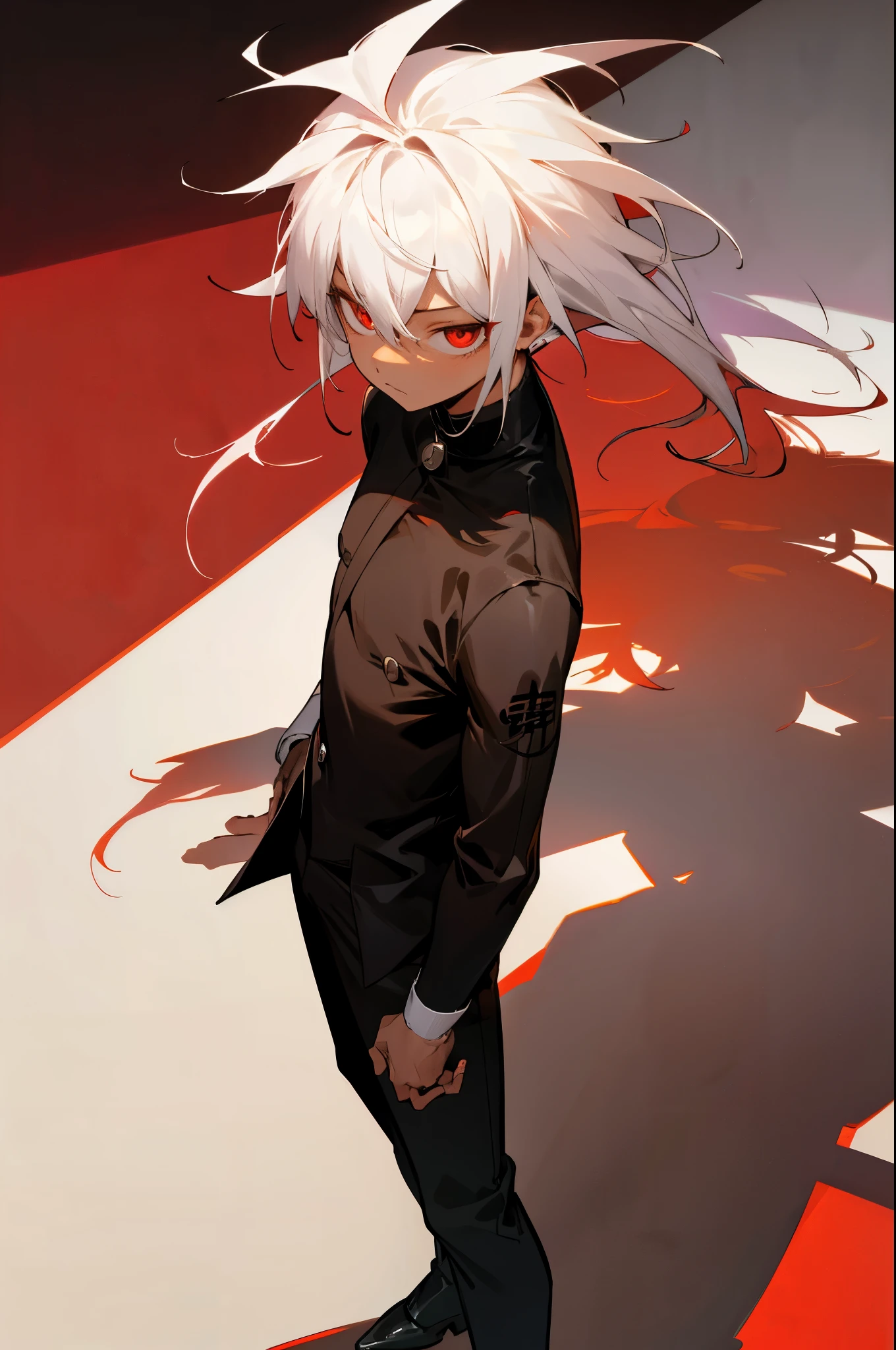 hight resolution,Anime boy with white hair and red eyes staring at camera, red eyes,slim, dressed in a black outfit,Shadow Body,Brown skin,monochromes,hair messy