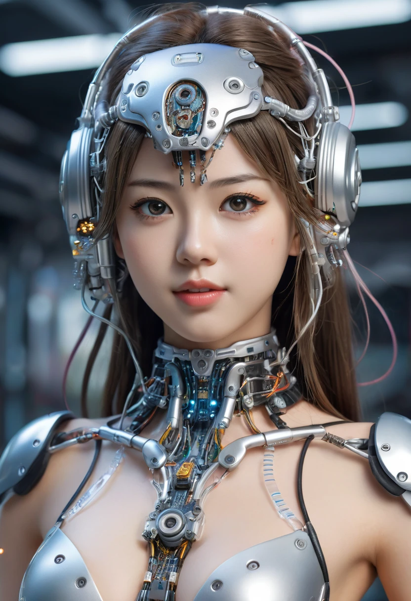 ((Perfectly beautiful woman))、(detailed mechanical body)、(((Human face and neck, cyborg body)))、smile、(I can see the whole body)
