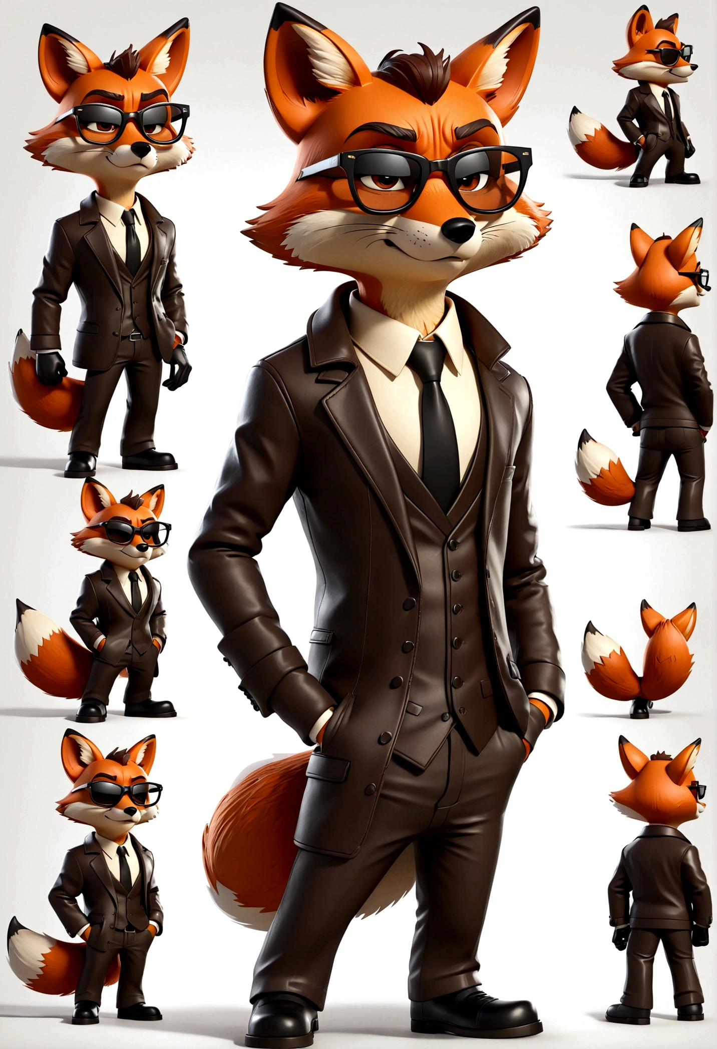 fox dressed in a suit and glasses standing with his hands in his pockets, cartoon fox character, leather jacket, mafia, multiple poses and expressions, 4 poses, cool face, full body, simple, artist, full color, 3d model, light and shadow, suit clothes, boss, flat color, white background, black sunglasses