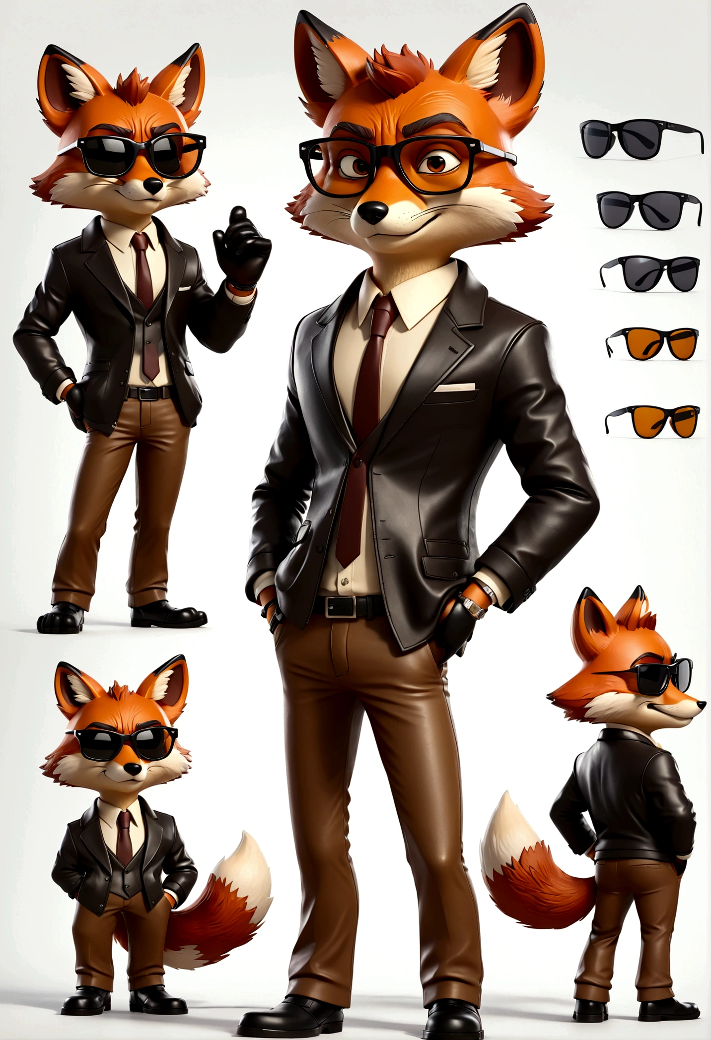 fox dressed in a suit and glasses standing with his hands in his pockets, cartoon fox character, leather jacket, mafia, multiple poses and expressions, 4 poses, cool face, full body, simple, artist, full color, 3d model, light and shadow, suit clothes, boss, flat color, white background, black sunglasses