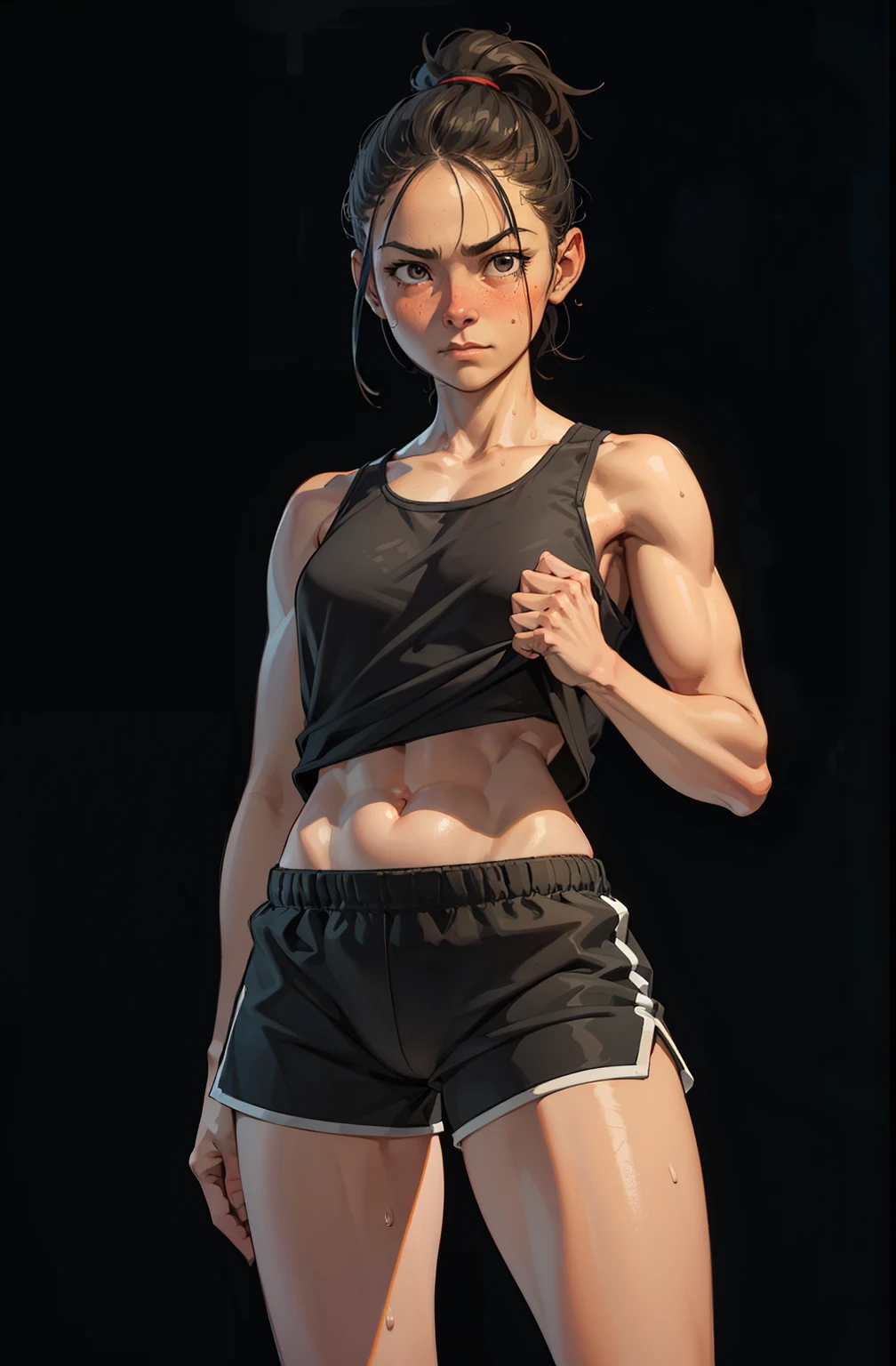 strong girl, gym shorts, bottom view, standing, , sweaty, embarrassed, simple black background, simple lighting, lineart, digital painting, hard brush, perfect anatomy, perfect hands, standing with looks down on perspective, looks at the viewer from above, perspective view from below, holds a gym bar
