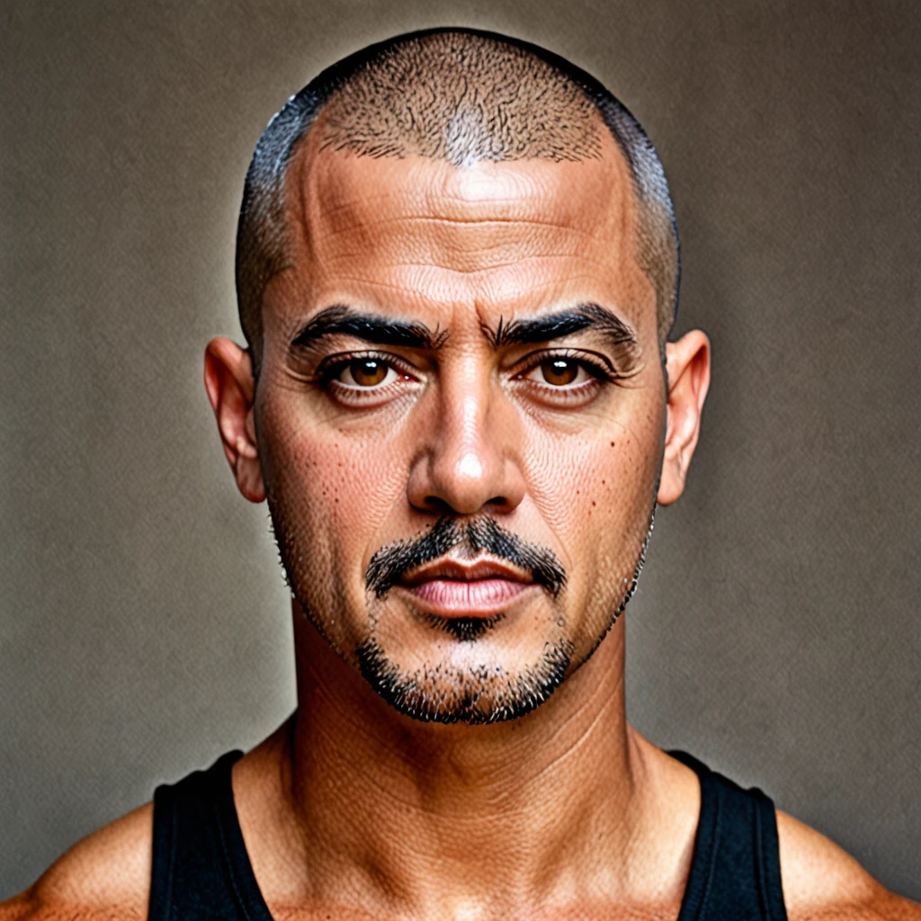 "(melhor qualidade,realista:1.37),retrato de uma pessoa de 35 anos, homem de cabelos escuros, Buzz Cut, intense gaze,olhos detalhados,olhos castanhos,Detailed lips,strong facial features,rugas finas,natural lighting,queixo forte,determining expression,restolho sutil,fundo neutro,cores vivas"