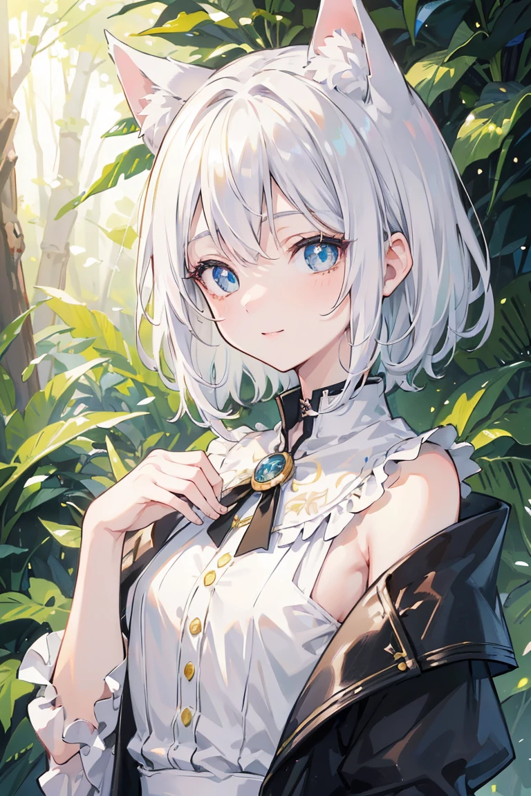 (best quality,ultra-detailed,highres,masterpiece:1.2), careful with hand,beautiful anime girl with white hair and yellow eyes, young neko girl, childish face, small height, (8 year old), (small breast:1.2), cat ears, short hair, d&d, (joy), (happy), (laugh), happy vibrant expression, smile,deep and expressive yellow eyes, porcelain skin,subtle blush on cheeks,attention to eye and lip details, forest ambient, rogue class, leather fantasy outfit, BREAK (masterpiece:1.2), best quality, high resolution, unity 8k wallpaper, (illustration:0.8), (beautiful detailed eyes:1.6), extremely detailed face, perfect lighting, extremely detailed CG, (perfect hands, perfect anatomy),
