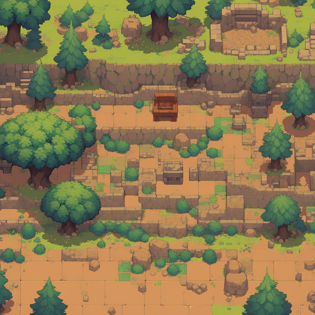 retro video game style,pixelated graphics,vibrant colors,8-bit characters,blocky shapes,sharp lines,detailed shading,classic gaming vibe,nostalgic atmosphere,classic arcade games,masterpiece:1.2,ultra-detailed,illustration style, 2d texture, clay texture, stone texture, 4 k seamless mud texture, video game texture, dirt texture, tileset, game tiles, clay material, flat texture, grass, trees, rock texture, rocky ground, forest, topdown view, game texture, game art, ground very detailed, dirt, floor texture, tileable texture, flowers, bushes, shrubs, intricate ground stone, top down view, 3/4th perspective