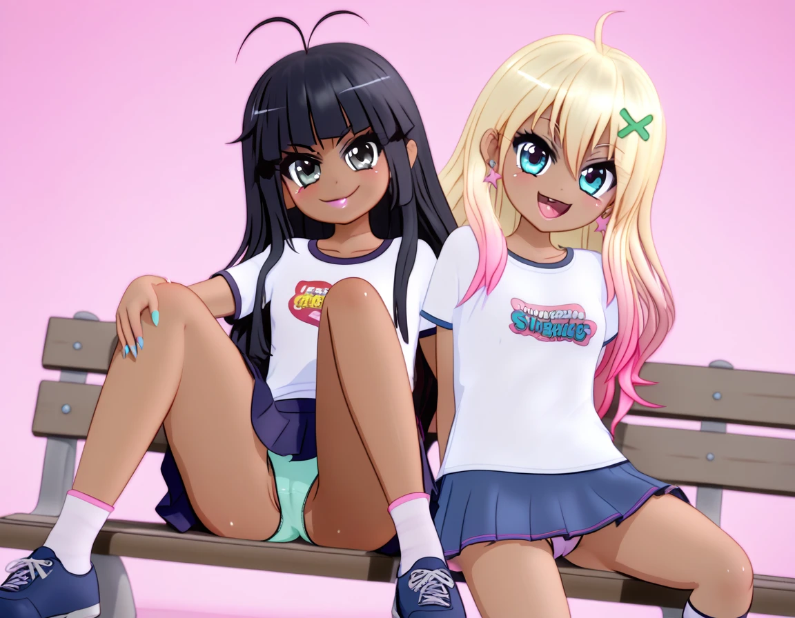 (masterpiece), best quality, highly detailed faces, (SHARP details), 4k, highly detailed, expressive eyes, SHARP detail expressive eyes, (SHARP detail perfect face), By mantis-x, gyaru, young girls, small breasts, playful smile, (black hair), sitting, (cameltoe), ((dark skin)), slutty, sitting on a bench, long hair, daytime, presenting crotch, (multiple girls), shirt, skirt, panties, thong, upskirt,