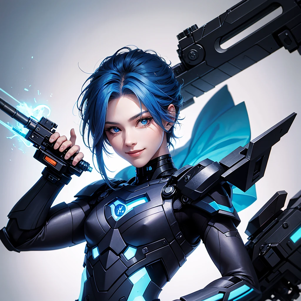 Cyborg boy with blue fiery hair with a gun and a beautiful smile