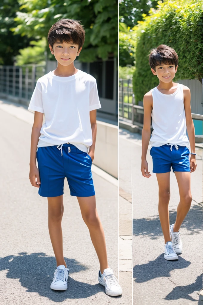 A tanned 12-year-old Japanese boy modeling for a full-body photoshoot in shorts during summer vacation