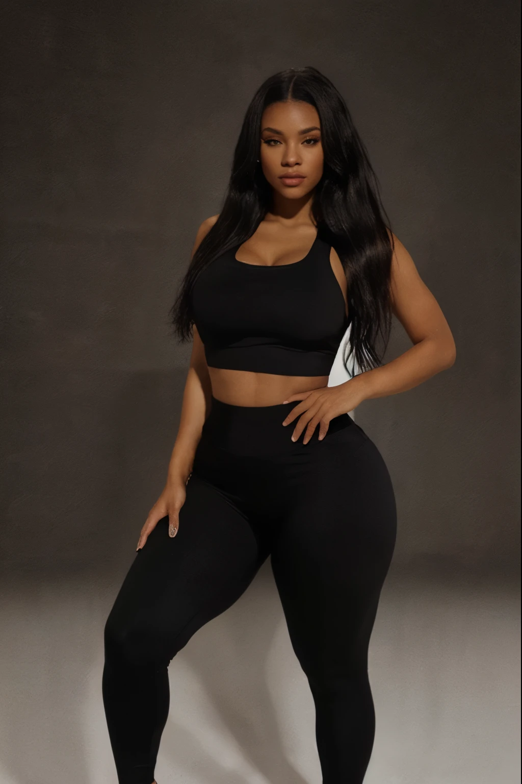 a woman in black sports bra top and leggings, an album cover inspired by Esaias Boursse, instagram, renaissance, two piece workout clothes, wearing black tight clothing, tight outfit, black leggins, black leggings, thicc, black outfit, all black matte product, skintight black clothes, tight attire, fit pic, leggings, black spandex, seamless