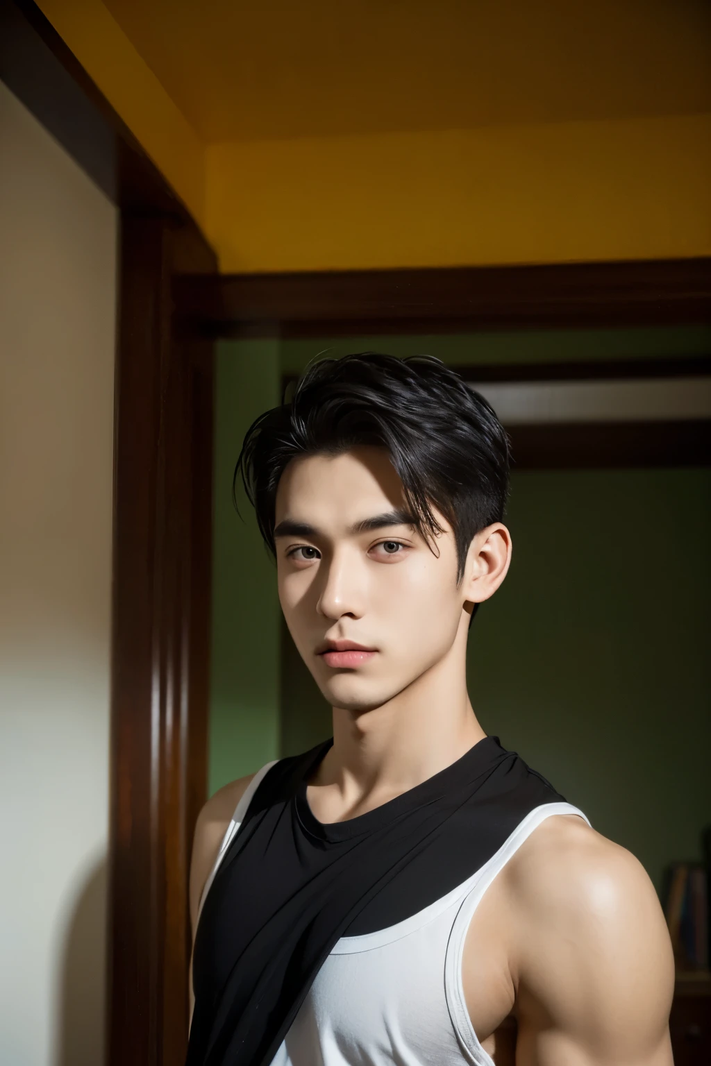 male, 20 year old boy, black eyes, slick back, sleeveless clothes, half body photo, head facing the camera, room, jungle, sunflower