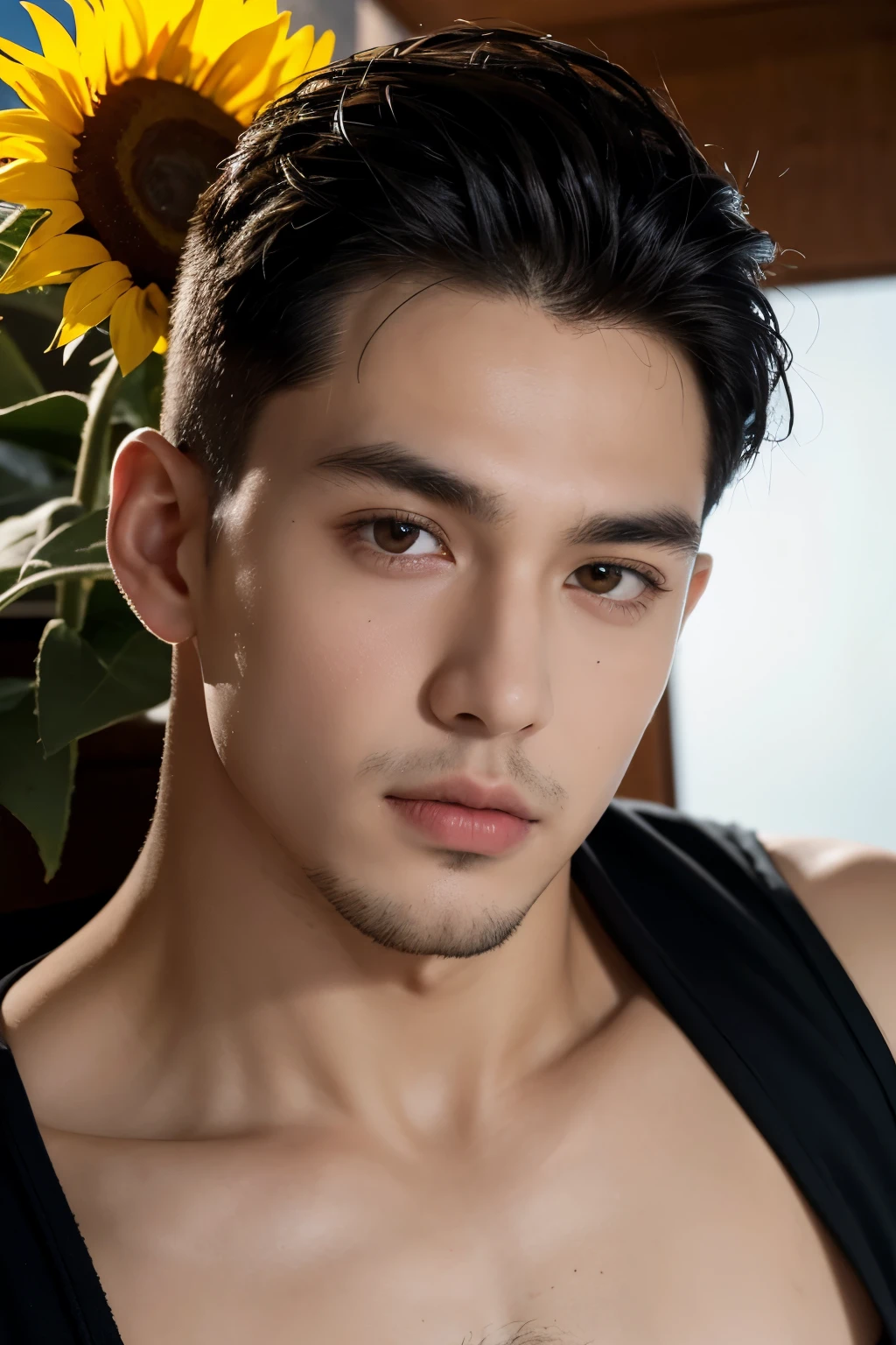 male, 20 year old boy, black eyes, slick back, sleeveless clothes, half body photo, head facing the camera, room, jungle, sunflower