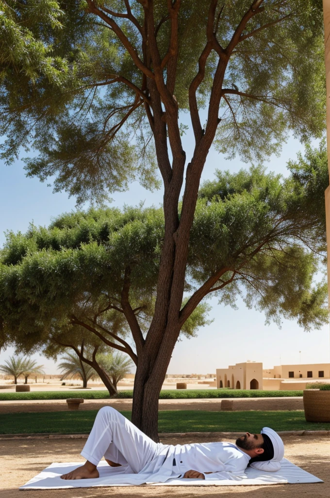 Arab man in white arabic suit taking nap under the tree