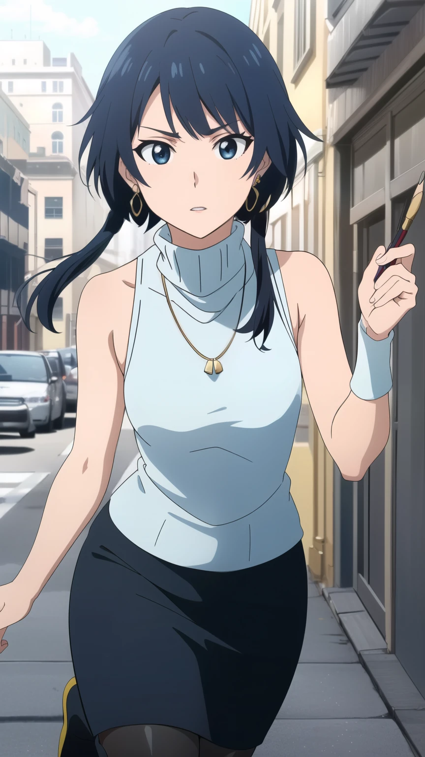 soifon, soifon, short hair, bangs, black hair, short hair with long locks, (black eyes:1.2), small breasts,(slender:1.2),Glare, ((Dark blue turtleneck sleeveless knit), pencil skirt, (puffy nipples:0.7), on the city street, necklace, earrings, knee-high stockings:1.2), solo, 
dynamic pose, dynamic angles, looking at viewer,
 (masterpiece best quality, 8k:1.2),(anime), high resolution, unity 8k wallpaper, (beautiful detailed eyes:1.2), extremely detailed face, perfect lighting, extremely detailed CG, (perfect hands, perfect anatomy),