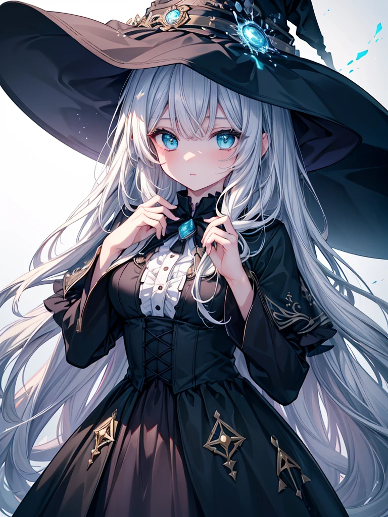 (​masterpiece),(top-quality),(ultra-detailliert),hight resolution,in 8K animation,1girl,witch,white wavy hair,mediumhair,green eyes,(round eyes),bangs,a lot of glowing particles,dreamcore,(beautifull detailed face),(beatiful detailed eyes),(anatomically correct)