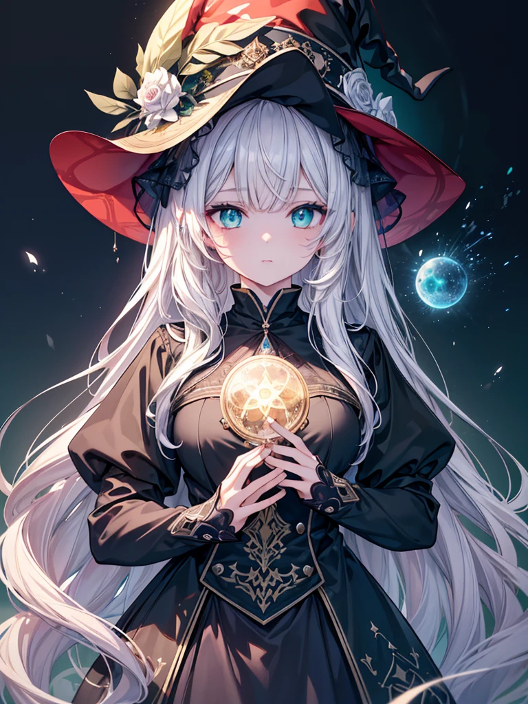 (masterpiece),(top-quality),(ultra-detailliert),hight resolution,in 8K animation,1girl,witch,white wavy hair,mediumhair,green eyes,(round eyes),bangs,a lot of glowing particles,dreamcore,(beautifull detailed face),(beatiful detailed eyes),(anatomically correct)