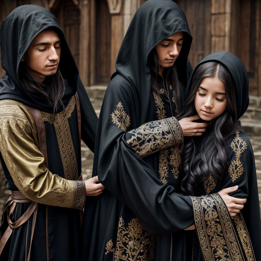 The elf man with a black cloak and golden embroidery is hugging a girl with a black cloak and blue embroidery tightly, and the girl is worried and looking at the face of the elf man.