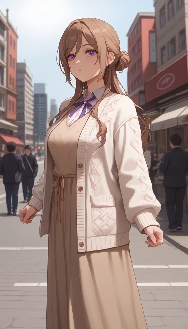 score_9, score_8_up, score_7_up, score_6_up, source_anime,masterpiece, best quality, 8k, 8k UHD, ultra-high resolution, ultra-high definition, highres, shading, good_hands, himesaki rinami, purple eyes, brown hair, hair bun, long hair, white cardigan, open cardigan, (red long dress, long dress), outdoors, street, city, solo, 1girl, cowboy shot,