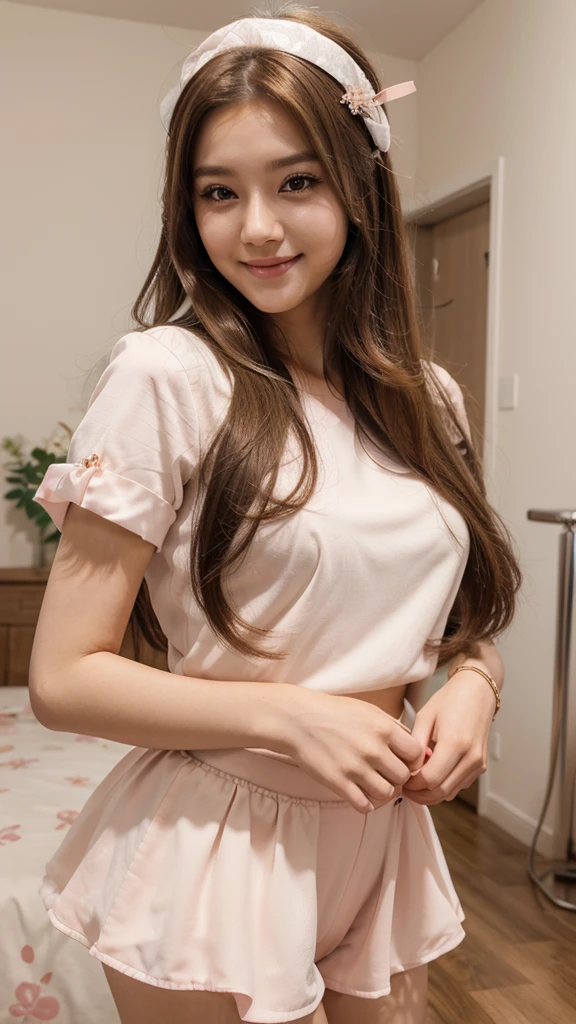 Long brown hair, smiling slightly, beautiful visuals, short almond coral and white nails, cute, kpop member, beautiful, light pink kpop idol outfit, kpop idol makeup