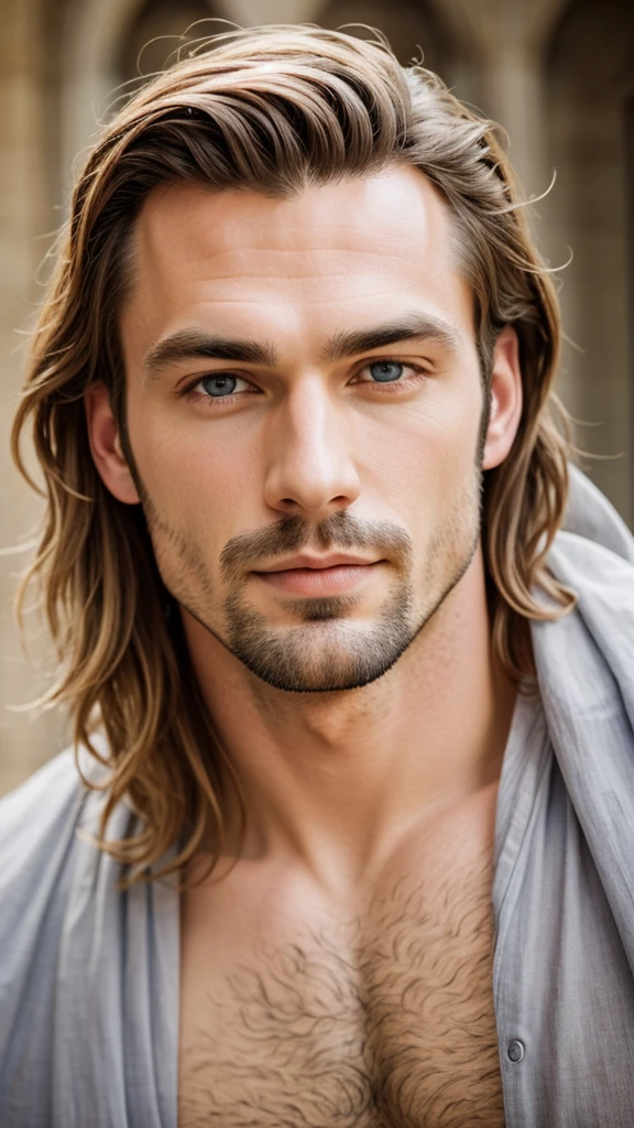 A sexy but inocent looking (man ), mediaeval period, gorgeous face, looking at me seductively, crisp and clear photo, sharp focus