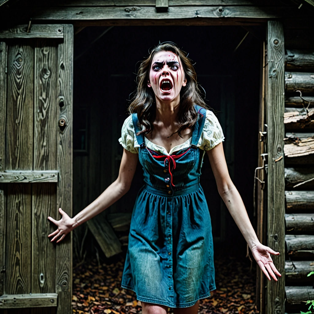 Young woman possessed by a demons in a cabin the middle of a forest haunted by demons like The Evil Dead atmosphere.