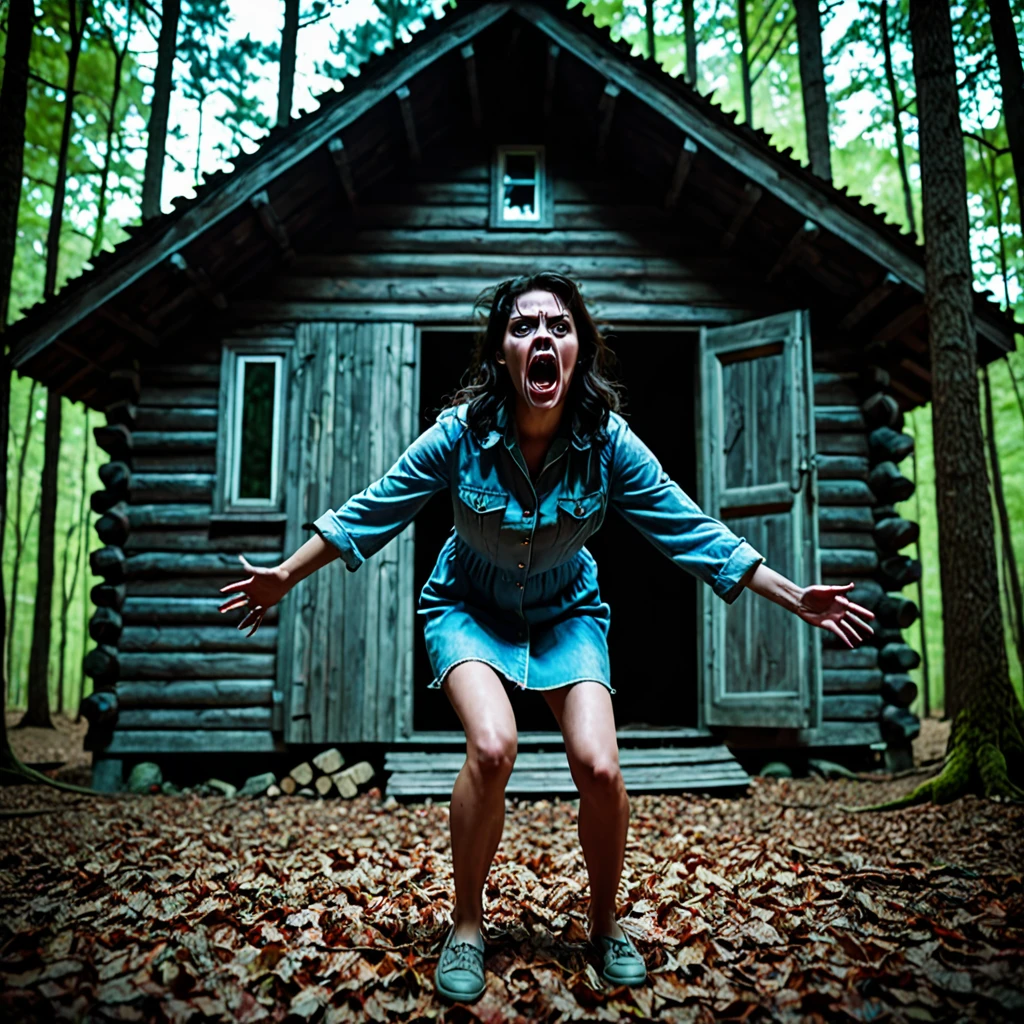 Young woman possessed by a demons in a cabin the middle of a forest haunted by demons like The Evil Dead atmosphere.