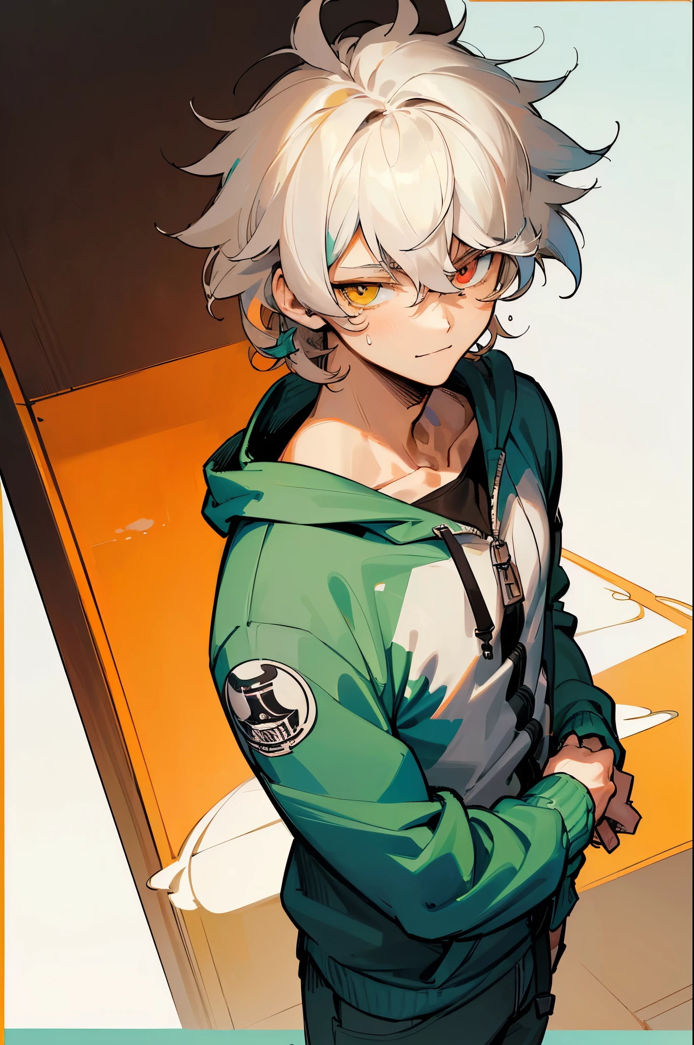 ((highest quality, masterpiece, 4k, finely detailed, detailed eyes, detailed face, gelbooru, pixiv)), warm lighting, ((solo)), 1 male, handsome, masculine, adult male, broad shoulders, closeup of face, portrait, smiling, ((lazy eyes, half-lidded, wearing modern clothing, hoodie with a logo, sweatpants, standing, , ((white hair, medium length hair, shaggy hairstyle, messy hair)),heterochromia, orange eyes, cyan eyes,