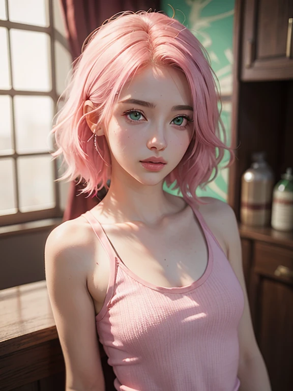 young woman, short shoulder-length pink hair, wide forehead, porcelain skin, pink eyebrows, big emerald green eyes, buttoned nose, full lips, heart-shaped face, slender body, small breasts, red tank top, Sakura Haruno , realistic, realism, details, 3d, well detailed