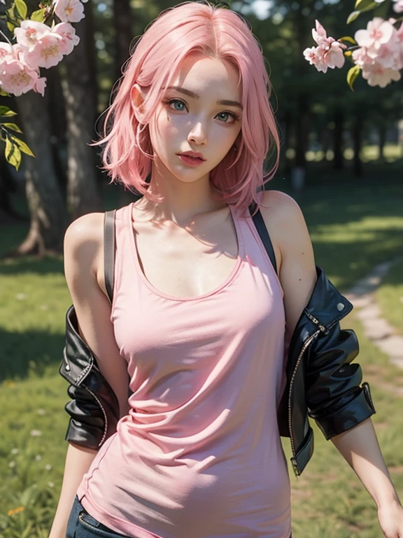 young woman, short shoulder-length pink hair, wide forehead, porcelain skin, pink eyebrows, big emerald green eyes, buttoned nose, full lips, heart-shaped face, slender body, small breasts, red tank top, Sakura Haruno , realistic, realism, details, 3d, well detailed