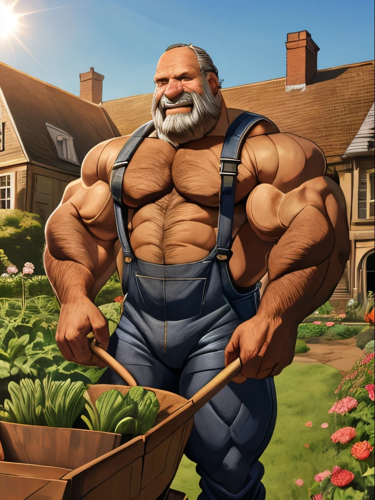 8K, Wide expansive Victorian era County Manor in background, huge muscular Gardener, old man, wearing dungarees with large bulge, , no shirt, hairy chest, grey hair, bald head, beard, pushing wheelbarrow in vegetable garden, smiling at man, sweating under the sun,