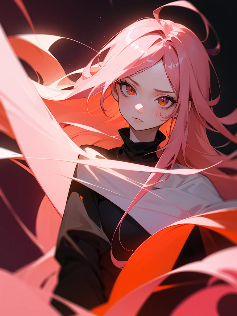 a 26 years old reddish pink haired woman with light pink highlights in the hair, orange eyes but almost light pink, she has a little heart on her right cheek, and her hair is long, with black clothing and a serious expression
