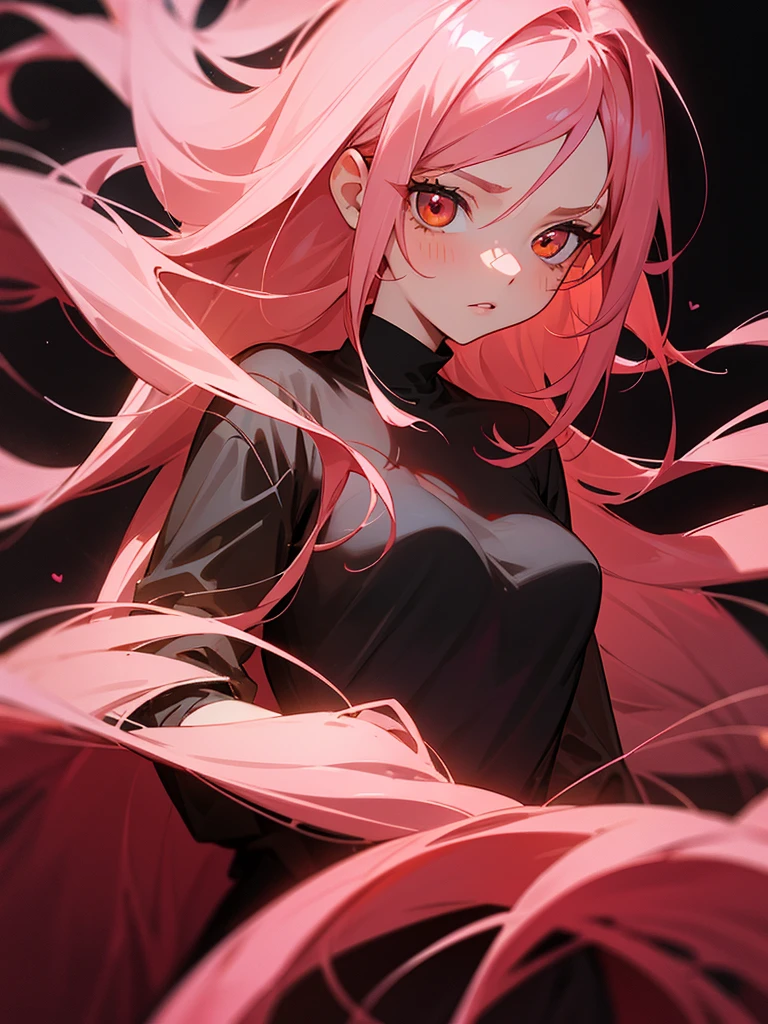 a 26 years old reddish pink haired woman with light pink highlights in the hair, orange eyes but almost light pink, she has a little heart on her right cheek, and her hair is long, with black clothing and a serious expression