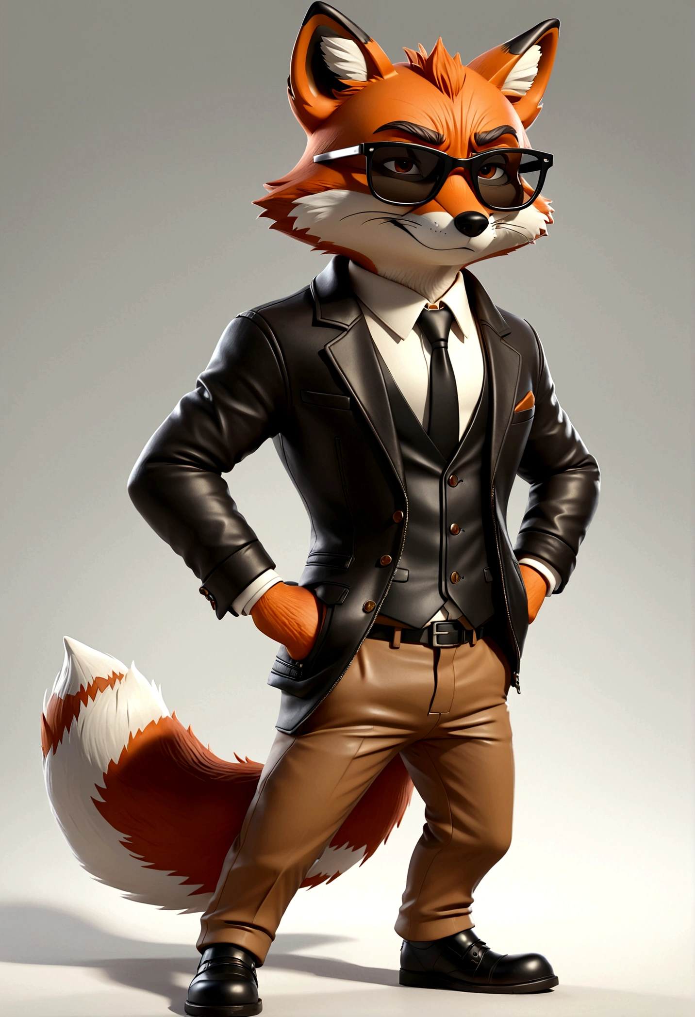 fox dressed in a suit and glasses standing with his hands in his pockets, cartoon fox character, leather jacket, mafia, multiple poses and expressions, 4 poses, cool face, full body, simple, artist, full color, 3d model, light and shadow, suit clothes, boss, flat color, white background, black sunglasses