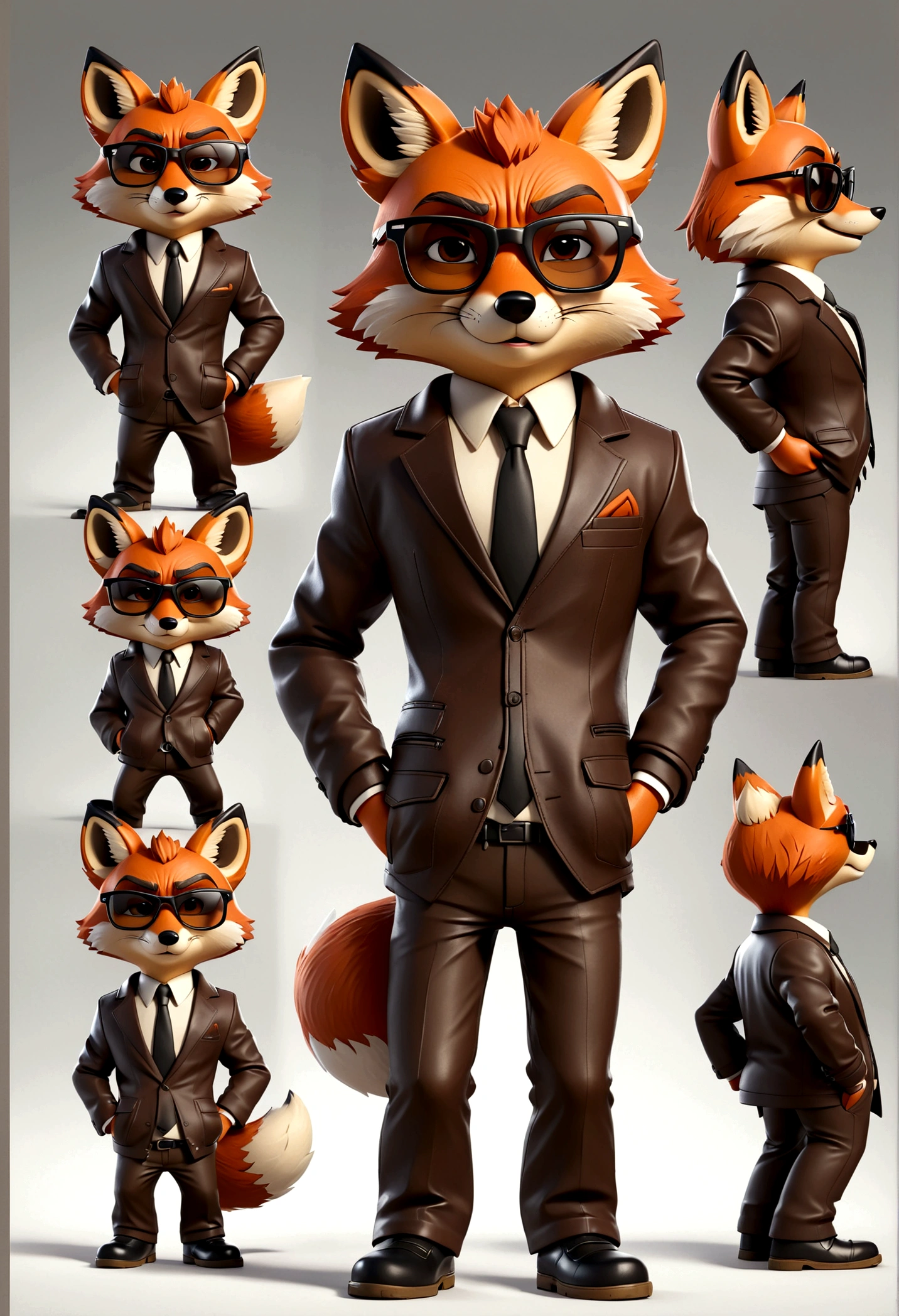 fox dressed in a suit and glasses standing with his hands in his pockets, cartoon fox character, leather jacket, mafia, multiple poses and expressions, 4 poses, cool face, full body, simple, artist, full color, 3d model, light and shadow, suit clothes, boss, flat color, white background, black sunglasses