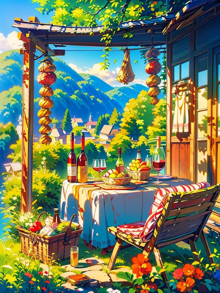 painting of a picnic table with a bottle of wine and a basket of fruit, by Igor Grabar, still life painting, by Mikhail Lebedev, stylized digital illustration, by Alexander Deyneka, by Alexander Kucharsky, an idyllic vineyard, by Franz Hegi, digital artwork, by Dechko Uzunov