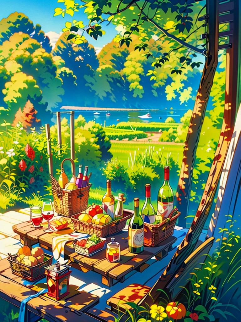 
painting of a picnic table with a bottle of wine and a basket of fruit, by Igor Grabar, still life painting, by Mikhail Lebedev, stylized digital illustration, by Alexander Deyneka, by Alexander Kucharsky, an idyllic vineyard, by Franz Hegi, digital artwork, by Dechko Uzunov