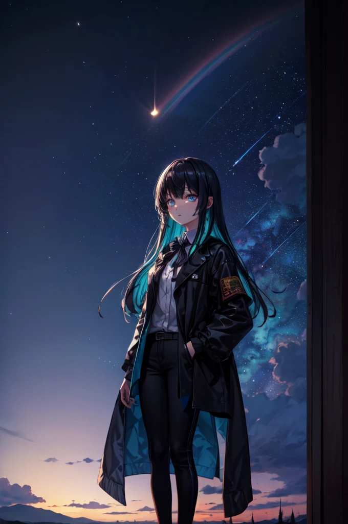 Beautiful hands, Beautiful dresasterpiece, (best quality:1.2), intricate details, ado, 1girl, multicolored hair, long hair, collared shirt, jacket, bangs, long sleeves, blue flower, (mature female:1.2), Ado, (dark blue hair, light blue inner), extra long hair, straight hair, blue eyes, slanted eyes, white inner shirt, (long black jacket, long black pants),  (masterpiece, best quality:1.2), intricate details, ado, 1girl, multicolored hair, long hair, collared shirt, bangs, long sleeves, blue flower, (mature female:1.2), Stars and comets pass by in the open sky, Beautiful Clouds, A tree with glowing fireflies and butterflies々, (Ultra-realistic), {Highly detailed CG unit 8k wallpaper}, Vast landscape photography, (View from below with a panoramic view of the sky, vast open field vision), (Low angle shot), (Light: 1.5), (warm Light source: 1.2), Intricate details, (Rainbow colors: 1.2), (bright Lighting), (atimospheric Lighting), dream-like, Magic, fairy tale