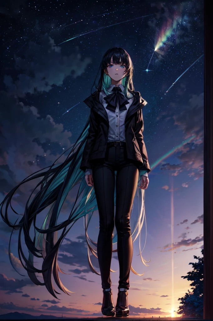 Beautiful hands, Beautiful dresasterpiece, (best quality:1.2), intricate details, ado, 1girl, multicolored hair, long hair, collared shirt, jacket, bangs, long sleeves, blue flower, (mature female:1.2), Ado, (dark blue hair, light blue inner), extra long hair, straight hair, blue eyes, slanted eyes, white inner shirt, (long black jacket, long black pants), (masterpiece, best quality:1.2), intricate details, ado, 1girl, multicolored hair, long hair, collared shirt, bangs, long sleeves, blue flower, (mature female:1.2), Stars and comets pass by in the open sky, Beautiful Clouds, A tree with glowing fireflies and butterflies々, (Ultra-realistic), {Highly detailed CG unit 8k wallpaper}, Vast landscape photography, (View from below with a panoramic view of the sky, vast open field vision), (Low angle shot), (Light: 1.5), (warm Light source: 1.2), Intricate details, (Rainbow colors: 1.2), (bright Lighting), (atimospheric Lighting), dream-like, Magic, fairy tale