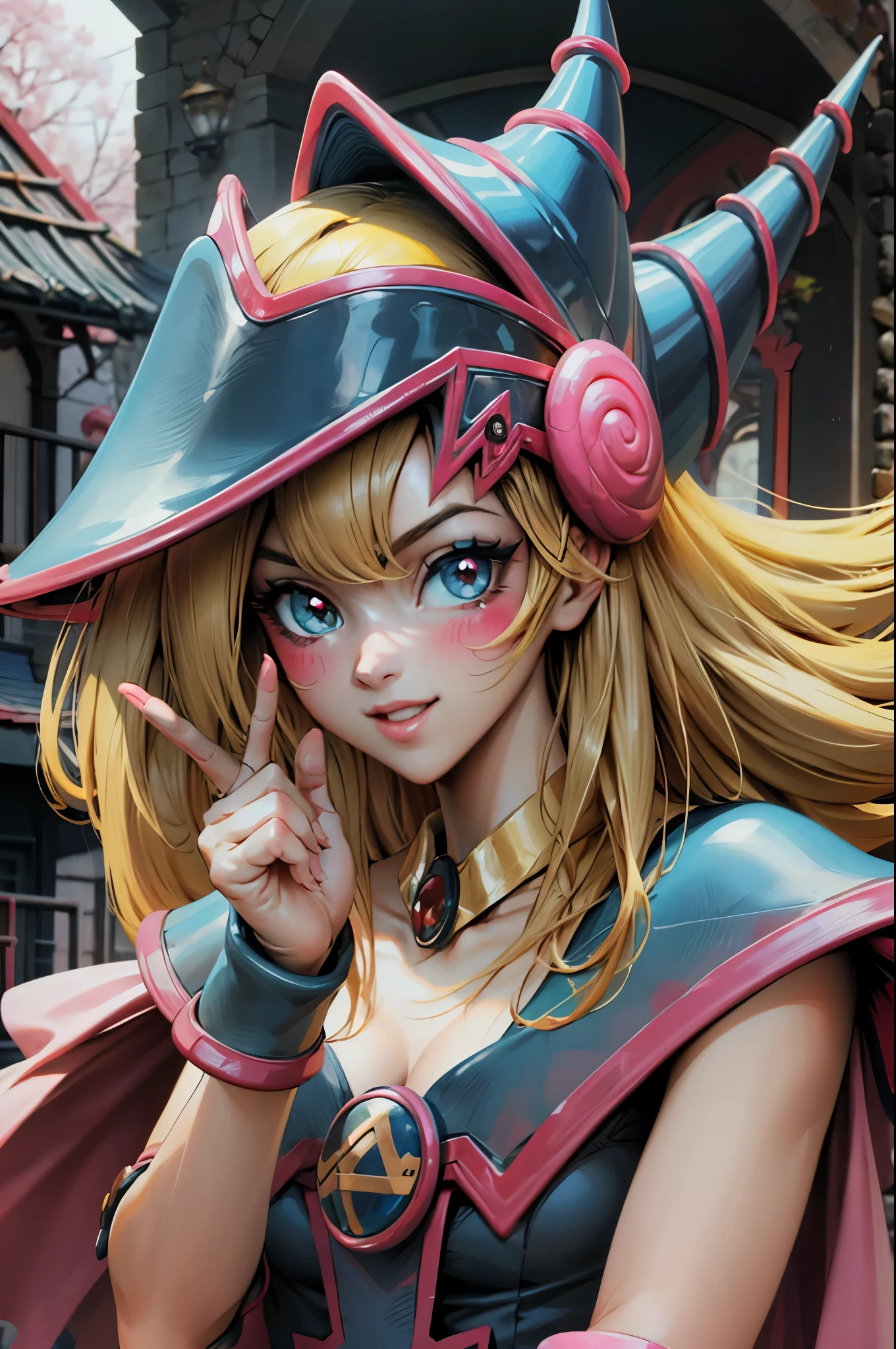 Crea el hermoso rostro de dark magician gils. Ojos azules. Labios rosados. Tes blanca. Cabello rubio. girl smile. Hombros destapados. Collar en el cuello. Rostro de gils mago oscuro. His hands make the sign of peace and love. Paz y amor en sus manos.