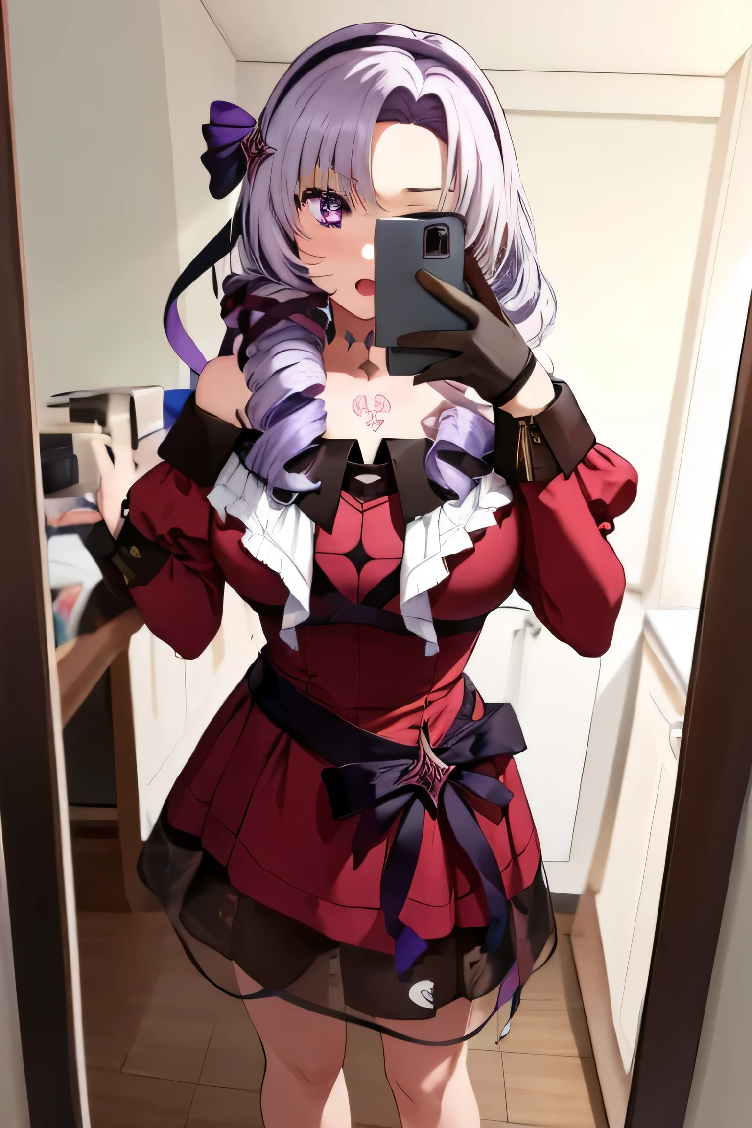beautiful, (masterpiece:1.2), (Highest quality:1.2), Perfect Eyes, Perfect Face, Perfect lighting,One girl, Oily skin,masterpiece, Highest quality, High resolution, (Salome), Drill Hair, Parted bangs, hair band, ribbon, Purple eyes, Large Breasts, tattoo, ((Red dress)),Long sleeve, Bare shoulders, Black gloves, Cowboy shot ojou-sama pose, Open your mouth, ((headset)),selfie
mirror