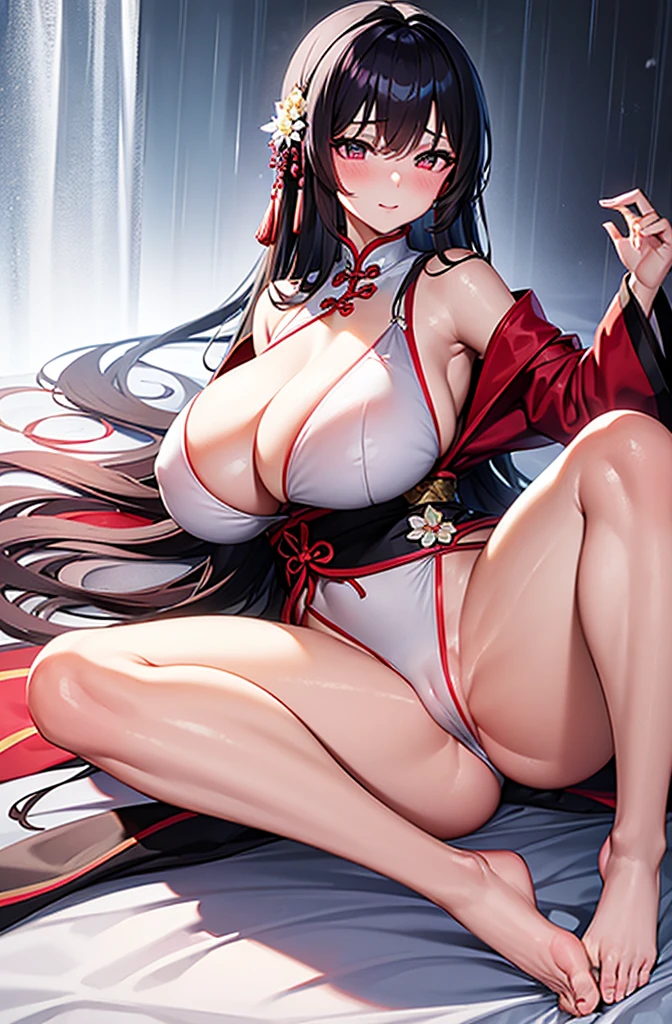 A Chinese beauty,White transparent bikini,Sexy Girl,Blushing shyness,Random hair,Huge breasts,Huge ass,Lying in bed,Rain,barefoot