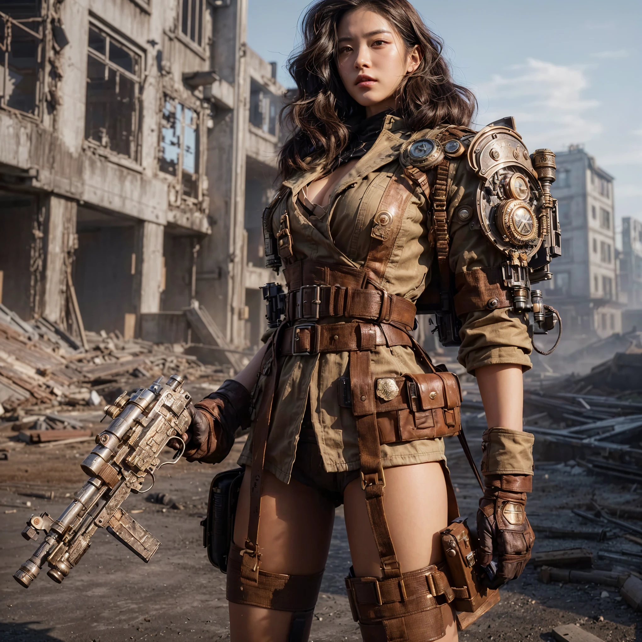 8k,Realistic Photo, Realistic Skin Texture, Superrealism, (Warring States period of Japanese history, approx like mechanical :1.2), burnt field、arquebus,vivid textures,legs, gradation hair, japanese female soldier,(ultra beautiful face),((super realistic all textures)), ((super intricate all details)), full body shot, ultra sharp photo result, metallic color, scratch, Rust, weathering, steampunk, taken with Fuji film X-T30+Nokton. HDR10,Minimum of 4 pieces created