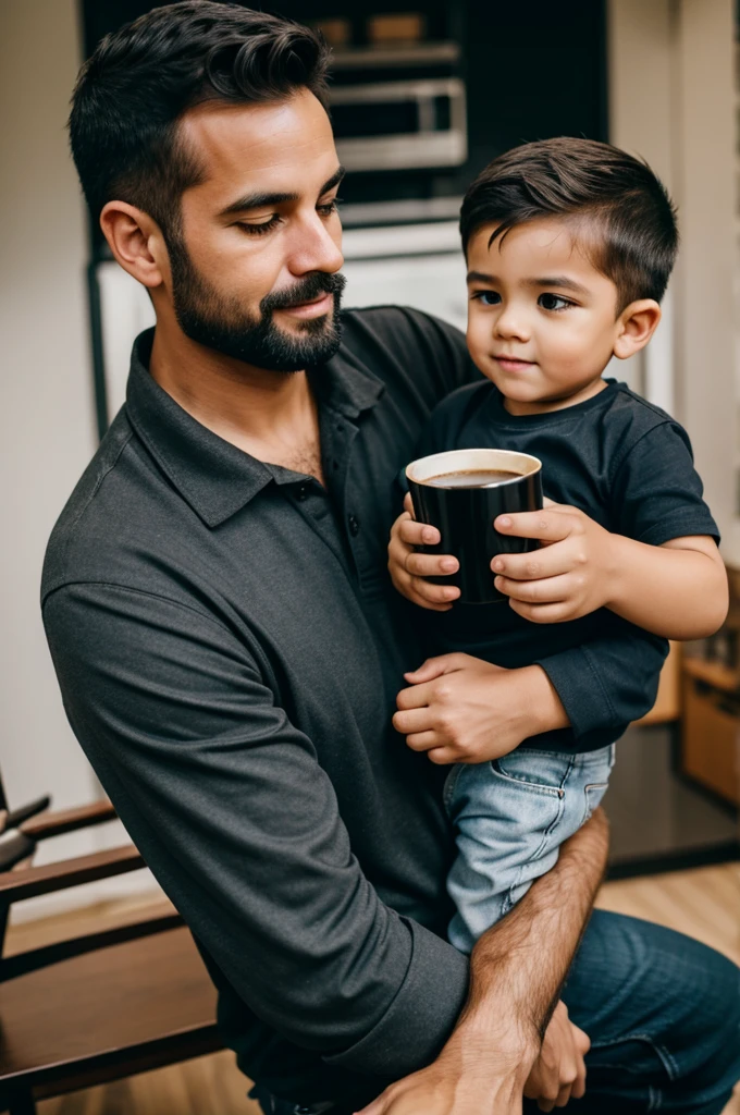 Dad holding his son and having a black cup of coffee in his hand
