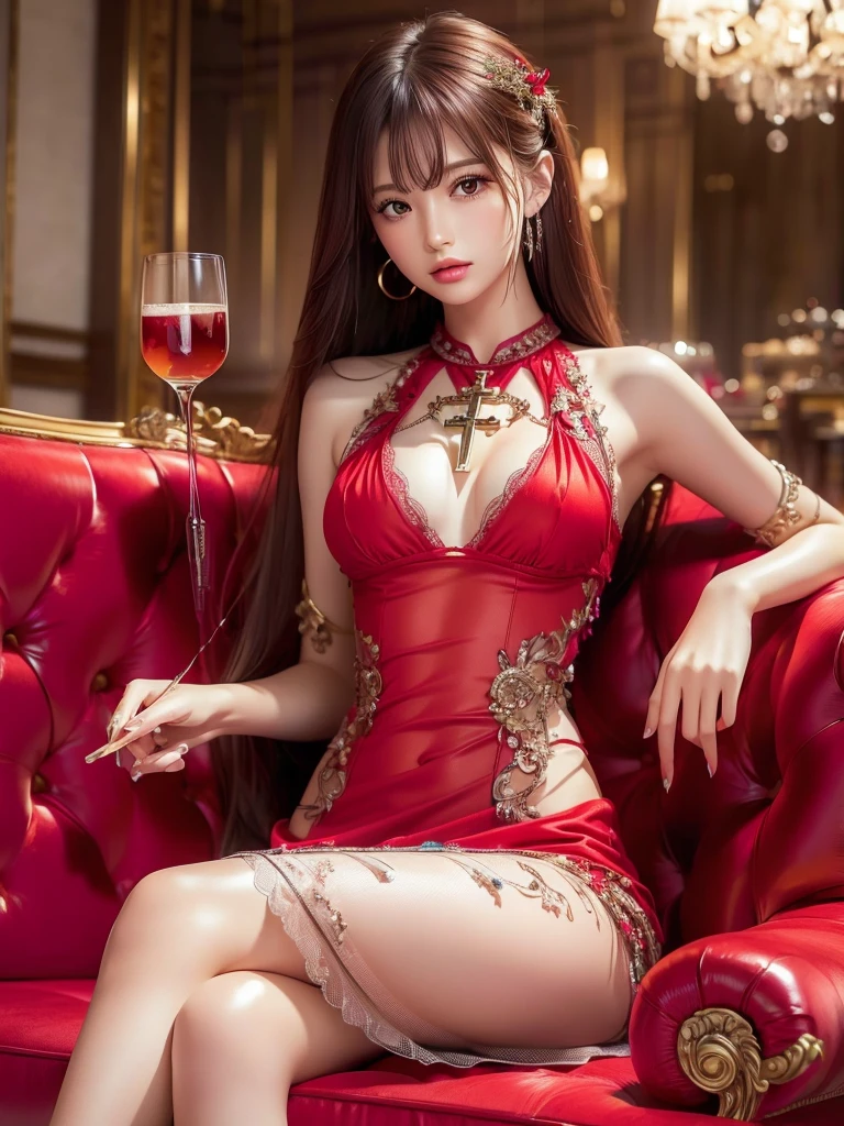 ((Highest quality)),(Ultra-high resolution),(Very detailed),(Detailed Description),((The best CG)),(masterpiece),Highly detailed art、Small breasts、(((See-through dress 1.5)))、hair ornaments、Tie your hair、Sparkly necklace、Ultimate Beauty 1.5、(((Sitting cross-legged on a red sofa and holding a glass1.5)))Blonde Hair Color、Smiling gently 1.2、、A different world、Sitting cross-legged on a red sofa and holding a glass、