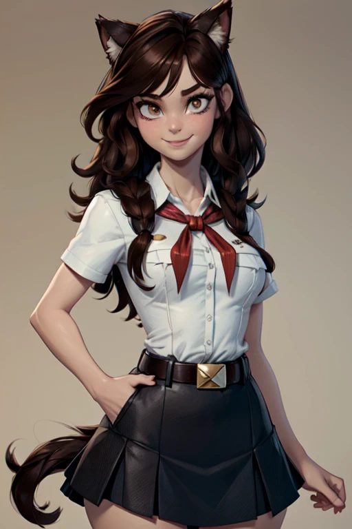 (young girl:1.4), very young slim fit girl, at full height, rounded face, snub nose, (very long disheveled dark brown hair:1.4), big brown eyes, shy smile, (perfect flat breast:1.3), band on head with fake cat ears, parororo, pioneer neckerchief, blue thight microskirt, bangs, shirt, collarbone, white shirt, short sleeves, collared shirt, belt, neckerchief, eyelashes, red neckerchief, breast pocket, narrow shoulders and hips, slim waist, 3dmm