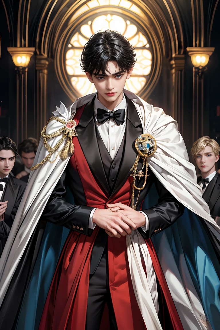 
masterpiece, 最high quality, high quality, 1 boy, alone, Male focus, Watching the audience,  Messy black hair, Adorable big blue eyes, White, Noble, Noble,Sexy voluminous cape、Tuxedo、A very voluminous, large, very large, very large, long, long red and black cape with a high stand-up collar, reaching down to the floor, made of a lot of fabric., ,Cute beautiful boys,Cute, cute, kind, handsome guy