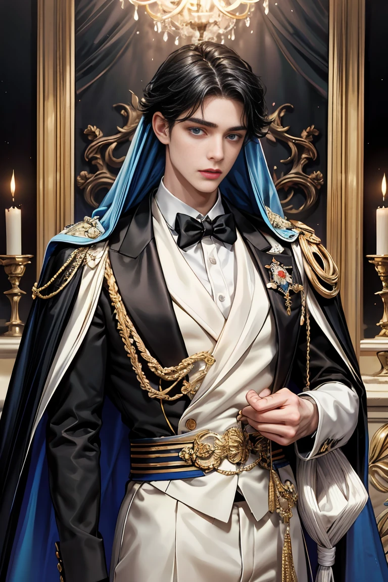 masterpiece, 最high quality, high quality, 1 boy, alone, Male focus, Watching the audience, Messy black hair, Adorable big blue eyes, White, Noble, Noble,Sexy voluminous cape、Tuxedo、A very voluminous, large, very large, very large, long, long red and black cape with a high stand-up collar, reaching down to the floor, made of a lot of fabric., 17 years old,Cute beautiful boys,Cute, cute, kind, handsome guy