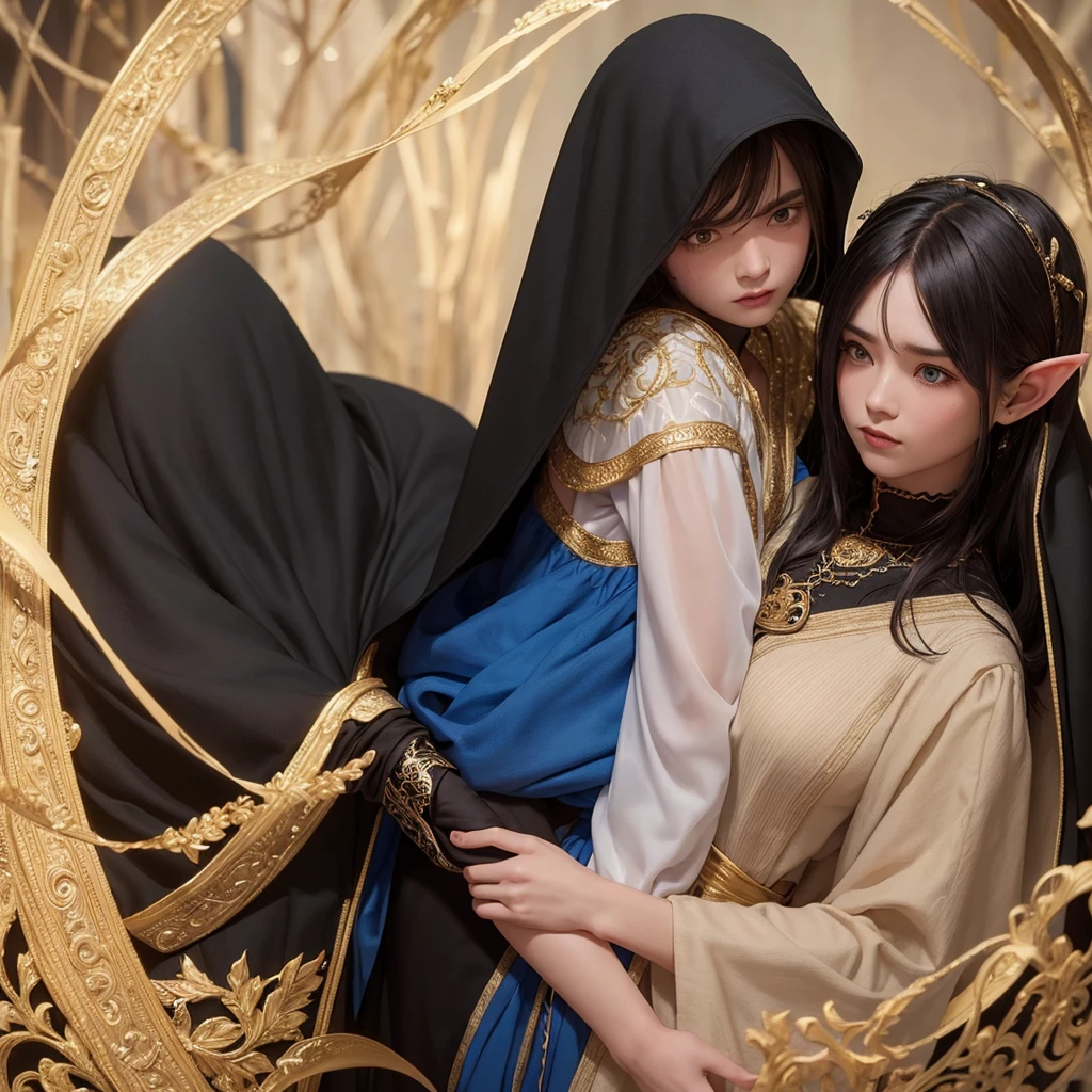 The elf man with a black cloak and golden embroidery is hugging a girl with a black cloak and blue embroidery tightly, and the girl is worried and looking at the face of the elf man.