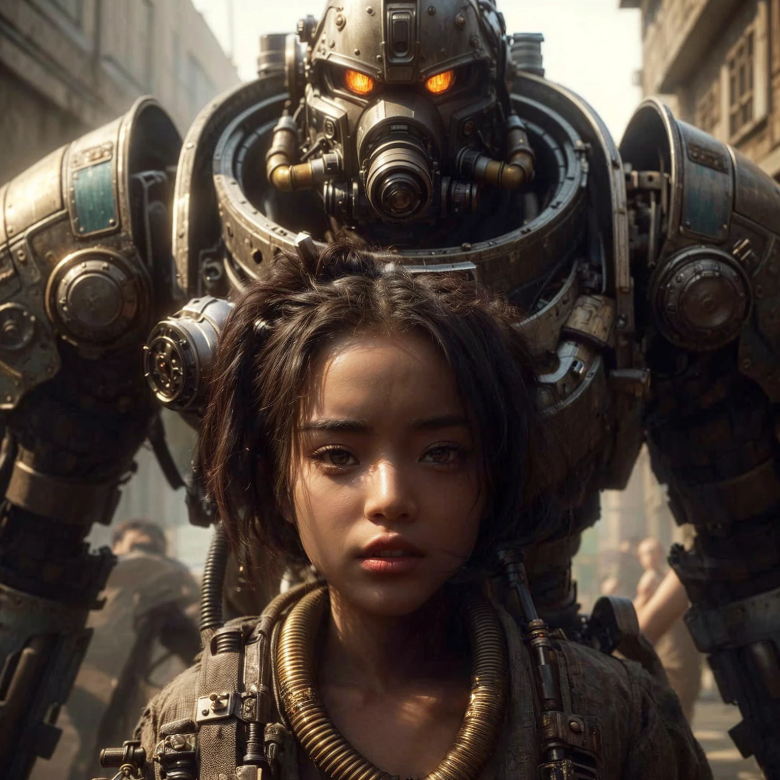 8k,Realistic Photo, Realistic Skin Texture, Superrealism, (Warring States period of Japanese history, approx like mechanical :1.2), burnt field、arquebus,vivid textures,legs, gradation hair, japanese female soldier,(ultra beautiful face),((super realistic all textures)), ((super intricate all details)), full body shot, ultra sharp photo result, metallic color, scratch, Rust, weathering, steampunk, taken with Fuji film X-T30+Nokton. HDR10,Minimum of 4 pieces created