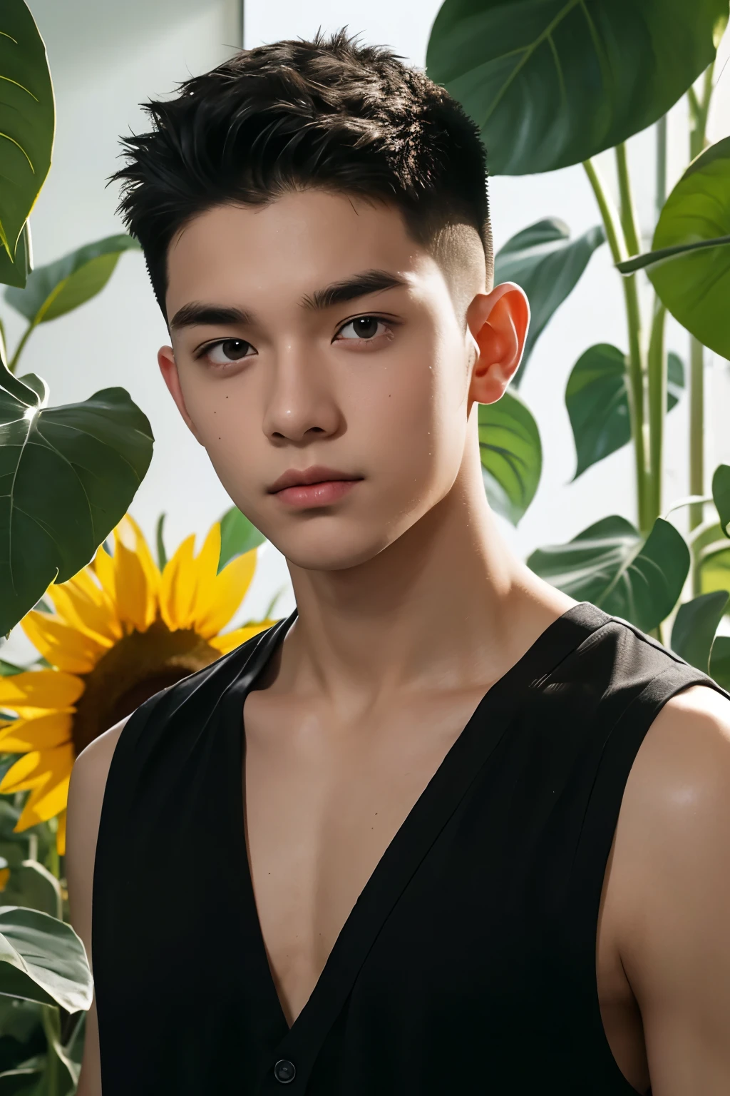 male, 20 year old boy, black eyes, slick back, sleeveless clothes, half body photo, head facing the camera, room, jungle, sunflower